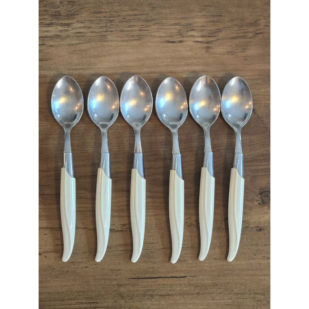 Vintage Robinson USA Stainless Steel Teaspoon Lot of 6 White Handle MCM Retro